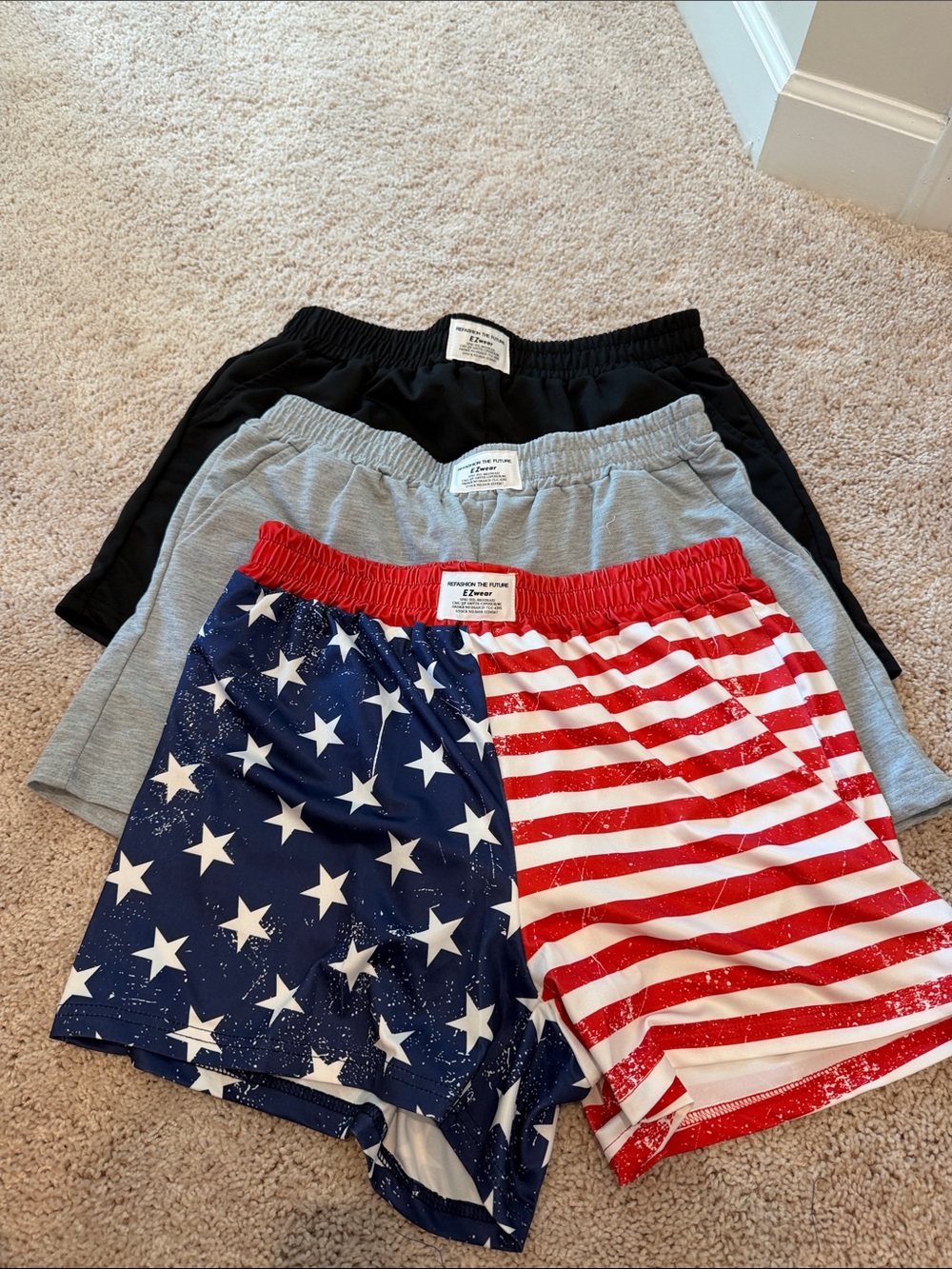 3 pairs of Women’s Athletic Shorts - Red, White & Blue, Grey & Black